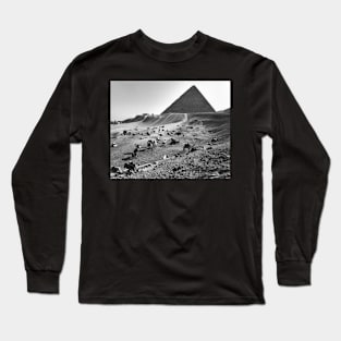 Camels Waiting in Front of Egyptian Pyramids Long Sleeve T-Shirt